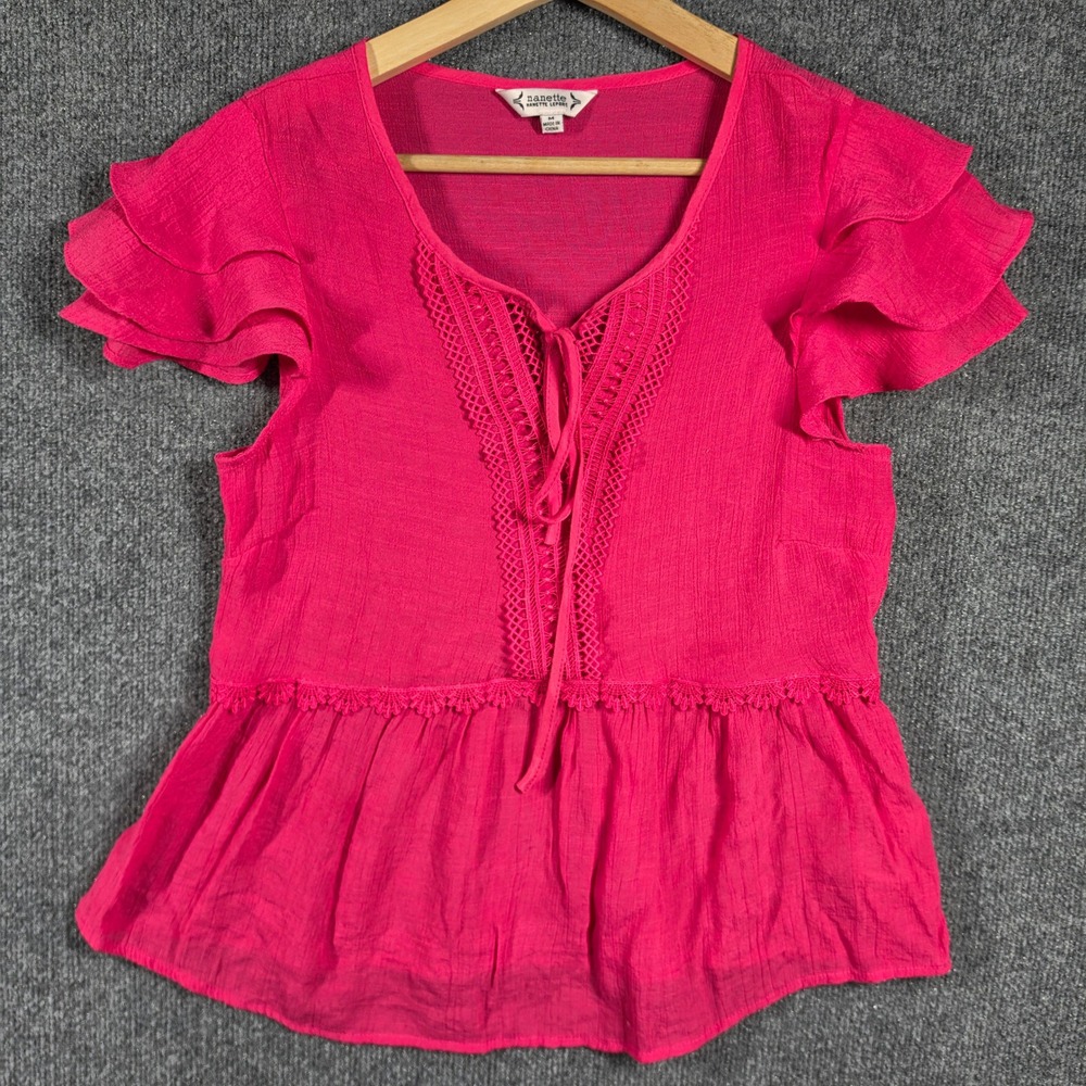 Nanette Lepore Blouse Womens Medium Peplum Flutter Sleeve Lace Boho Babydoll Top